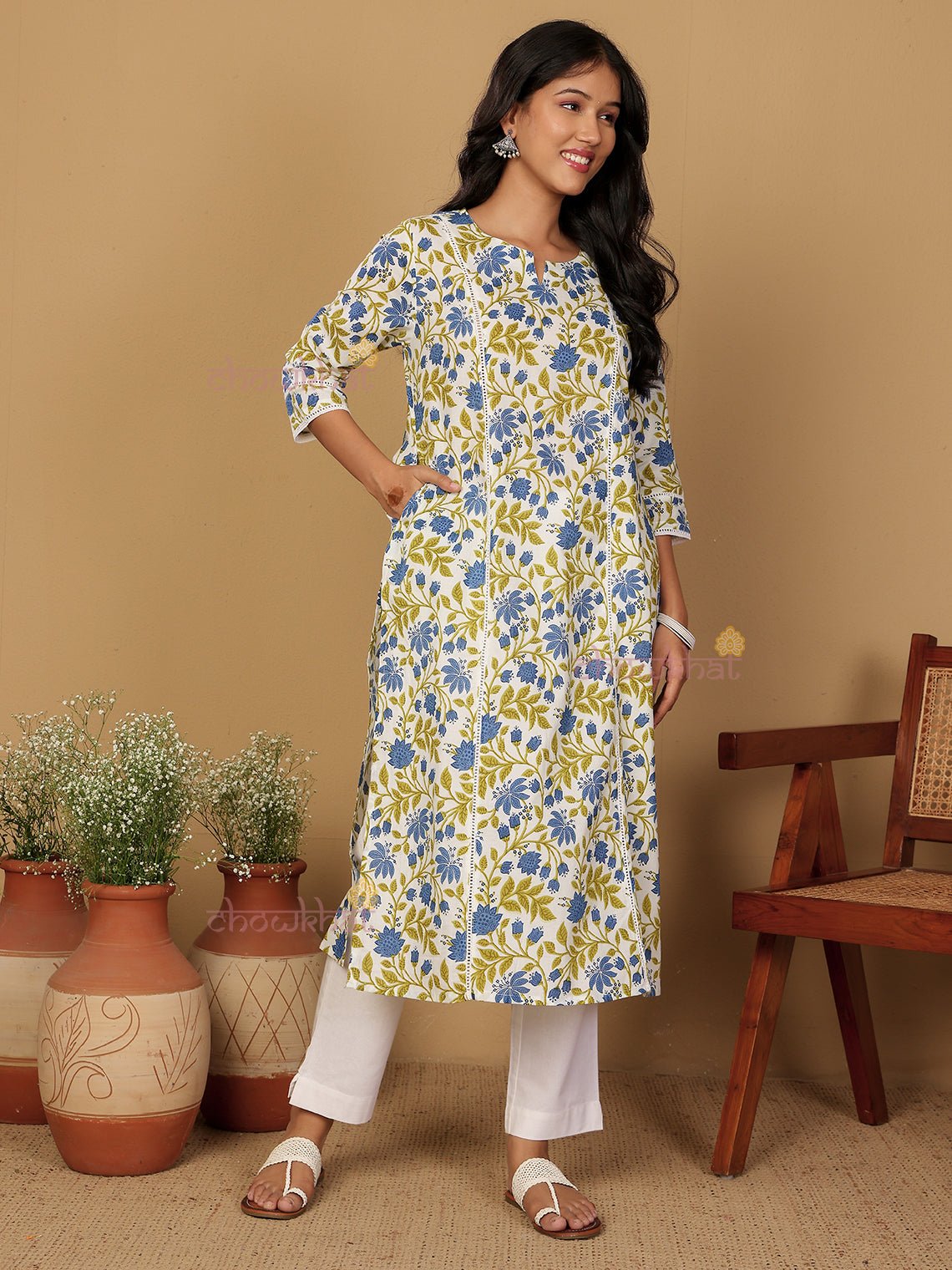 Adhira Hand Printed Cotton Kurti with Lace Detailing - Chowkhat Lifestyle