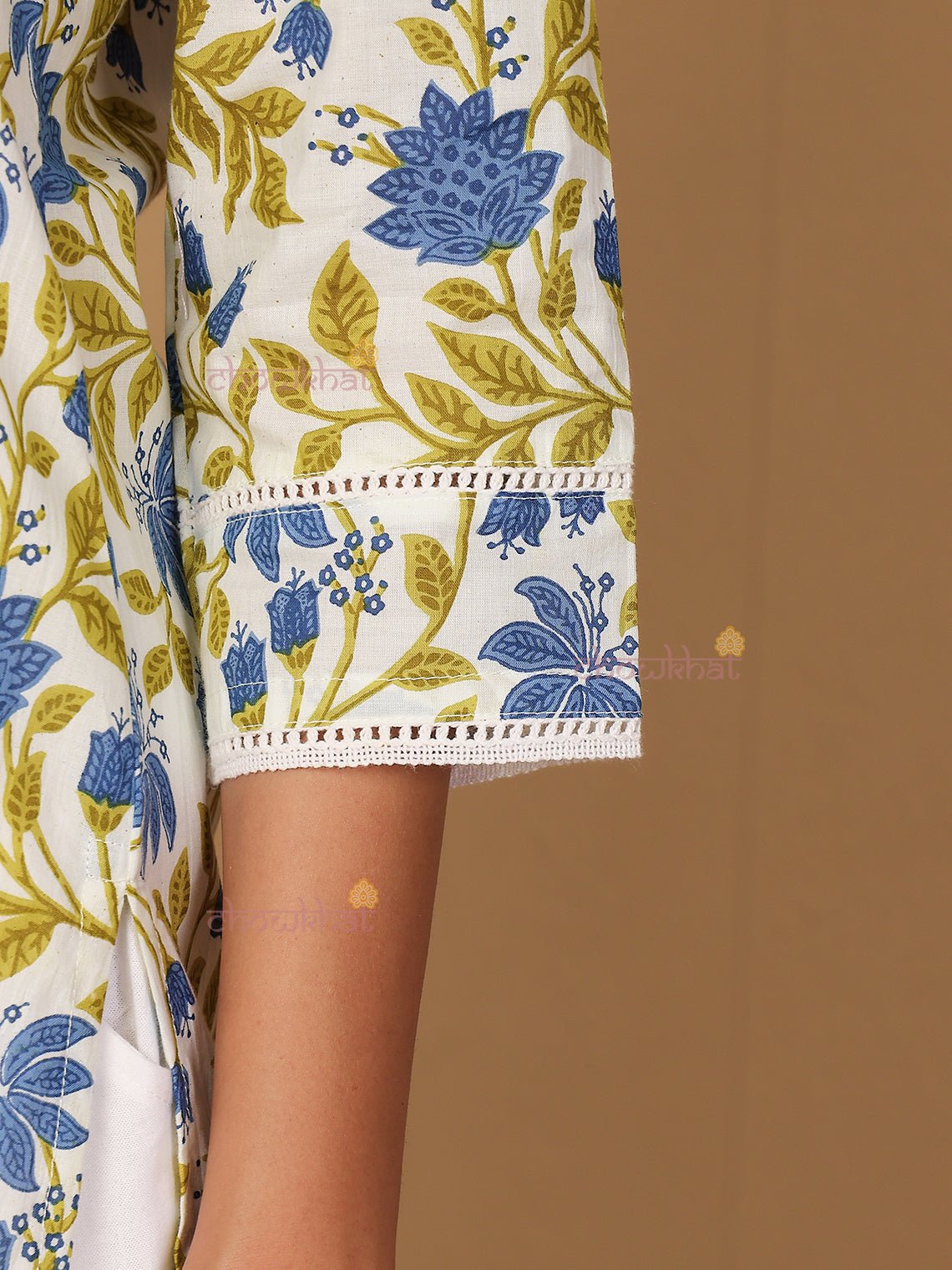 Adhira Hand Printed Cotton Kurti with Lace Detailing - Chowkhat Lifestyle