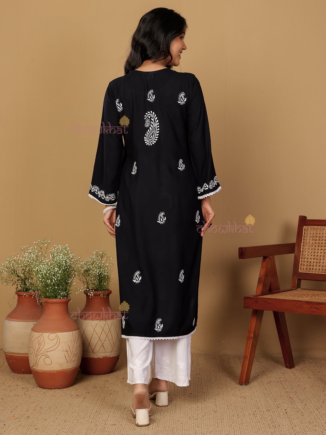 Riyaz Premium Rayon Long Chikankari Kurti - Chowkhat Lifestyle