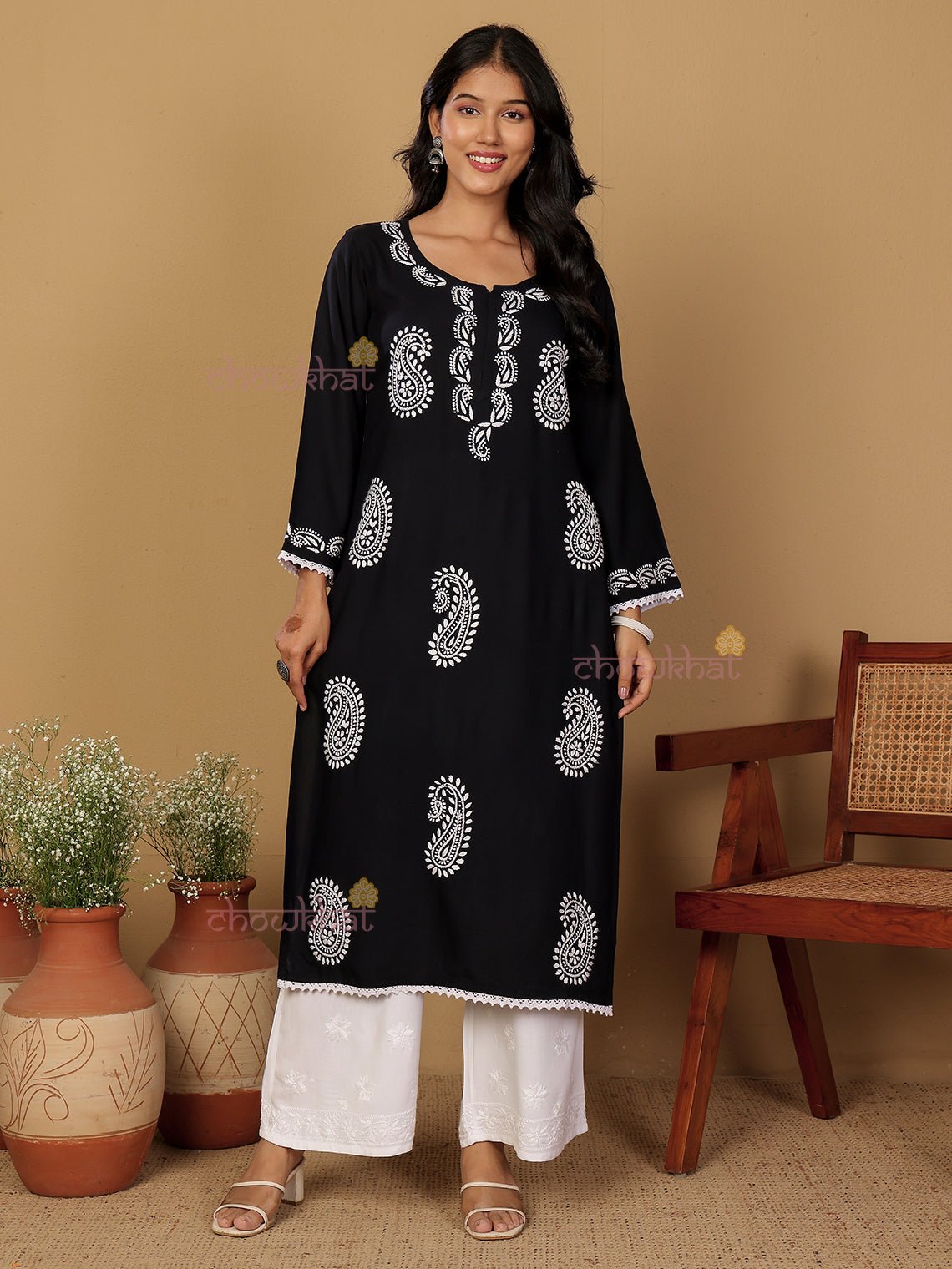 Riyaz Premium Rayon Long Chikankari Kurti - Chowkhat Lifestyle