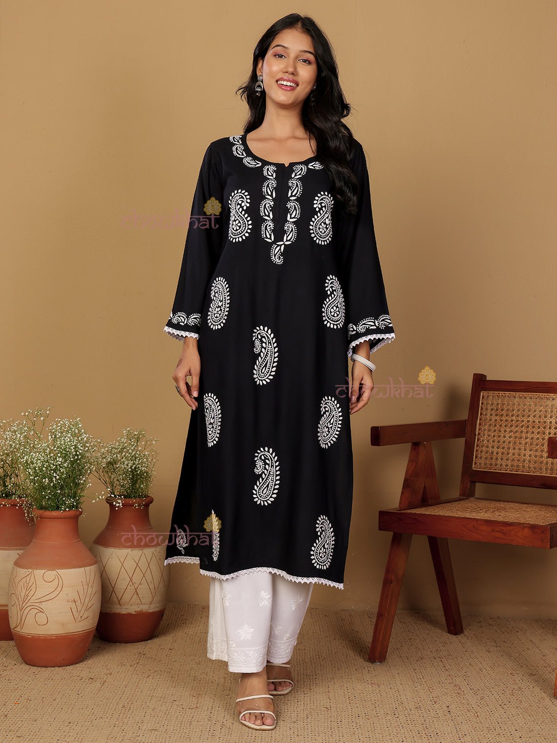 Riyaz Premium Rayon Long Chikankari Kurti - Chowkhat Lifestyle