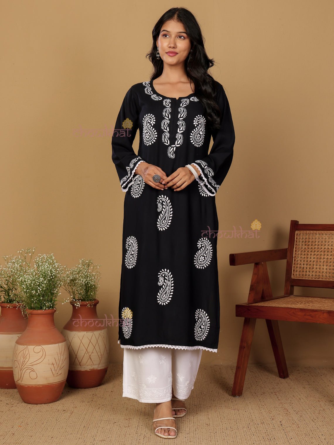 Riyaz Premium Rayon Long Chikankari Kurti - Chowkhat Lifestyle
