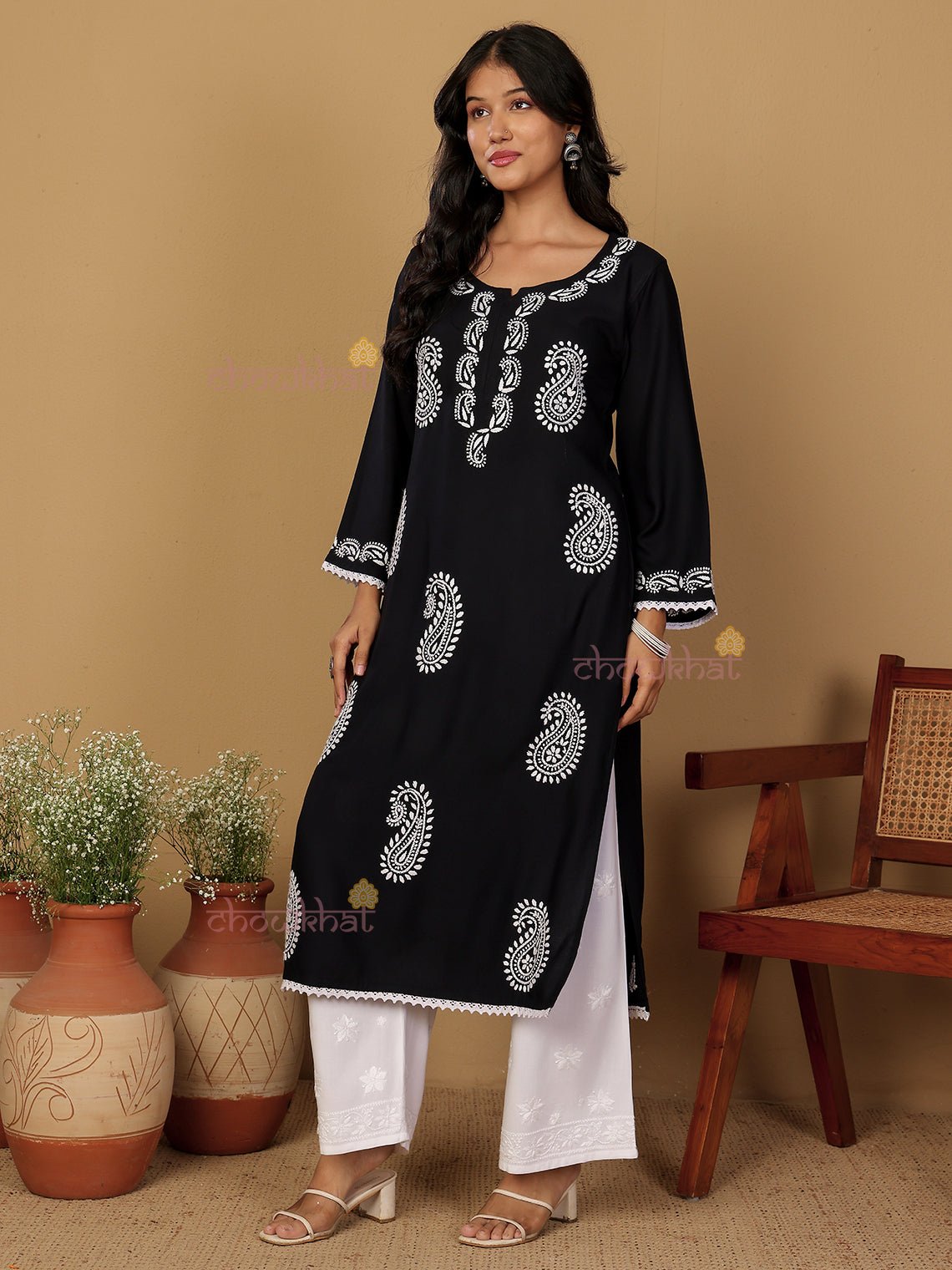 Riyaz Premium Rayon Long Chikankari Kurti - Chowkhat Lifestyle