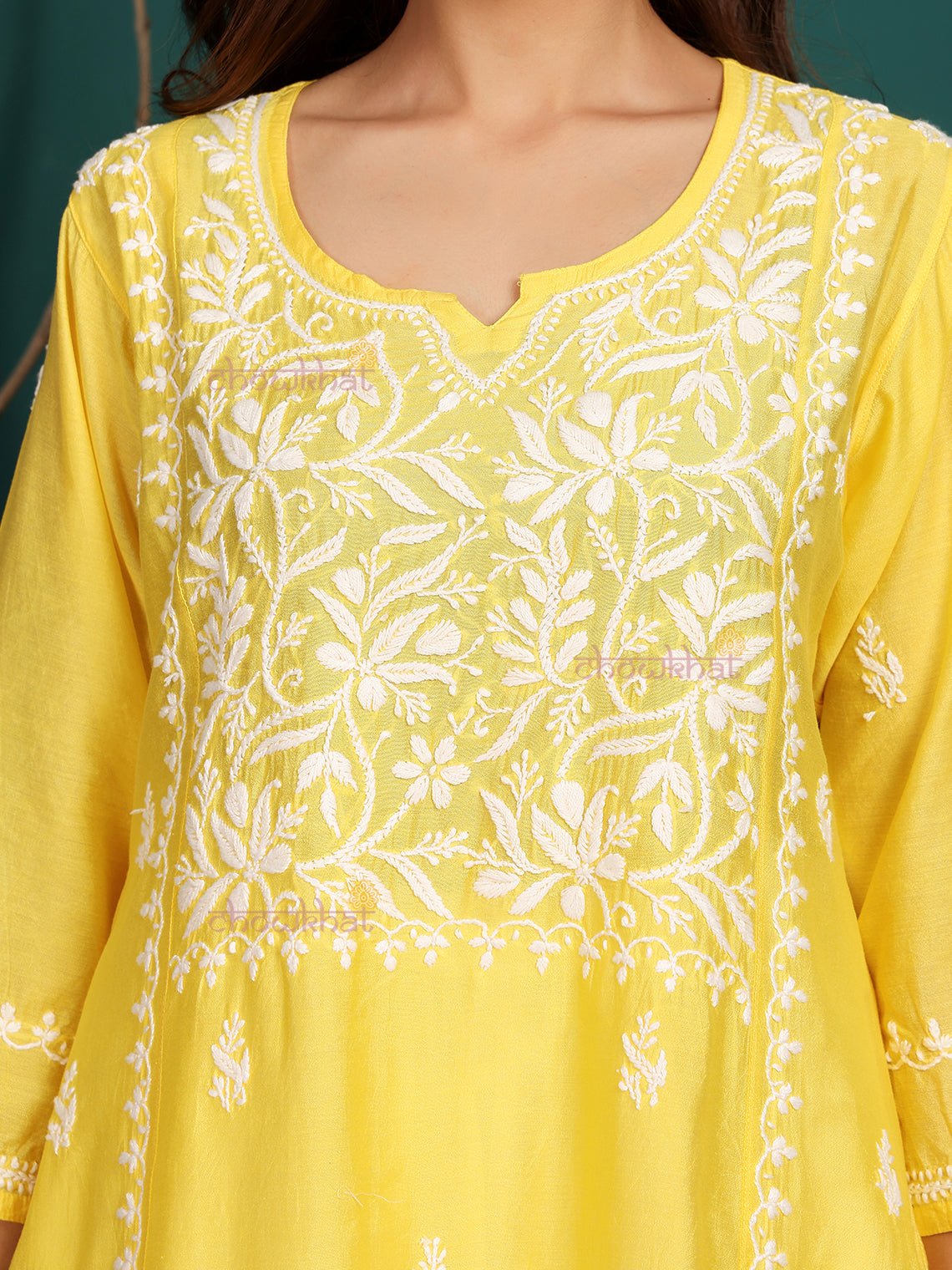 Naina Premium Chanderi Long Hand Embroidered Chikankari Kurti - Chowkhat Lifestyle