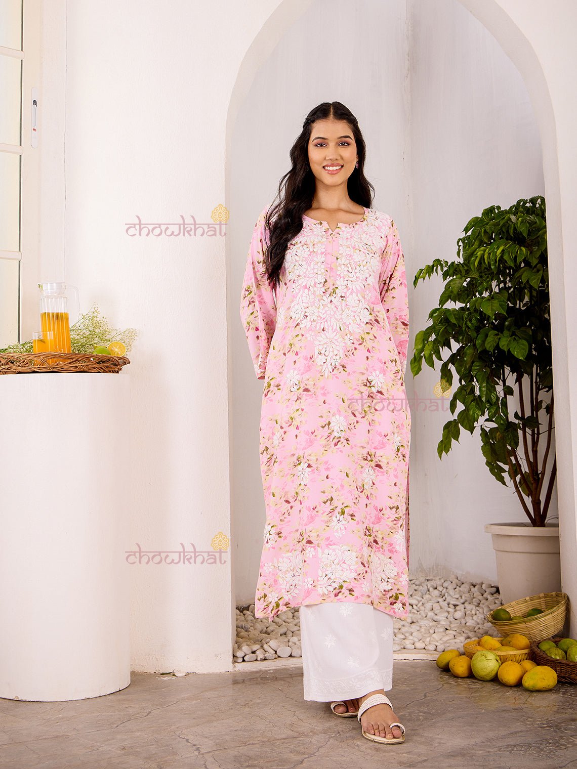 Ishani Rayon Printed Straight Chikankari Kurti - Chowkhat Lifestyle