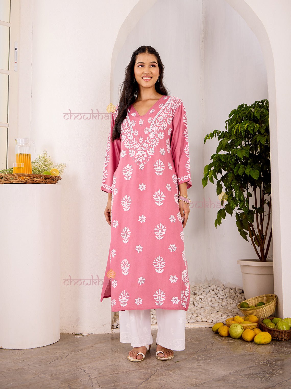Navya Rayon Straight Chikankari Kurti with Lace - Chowkhat Lifestyle