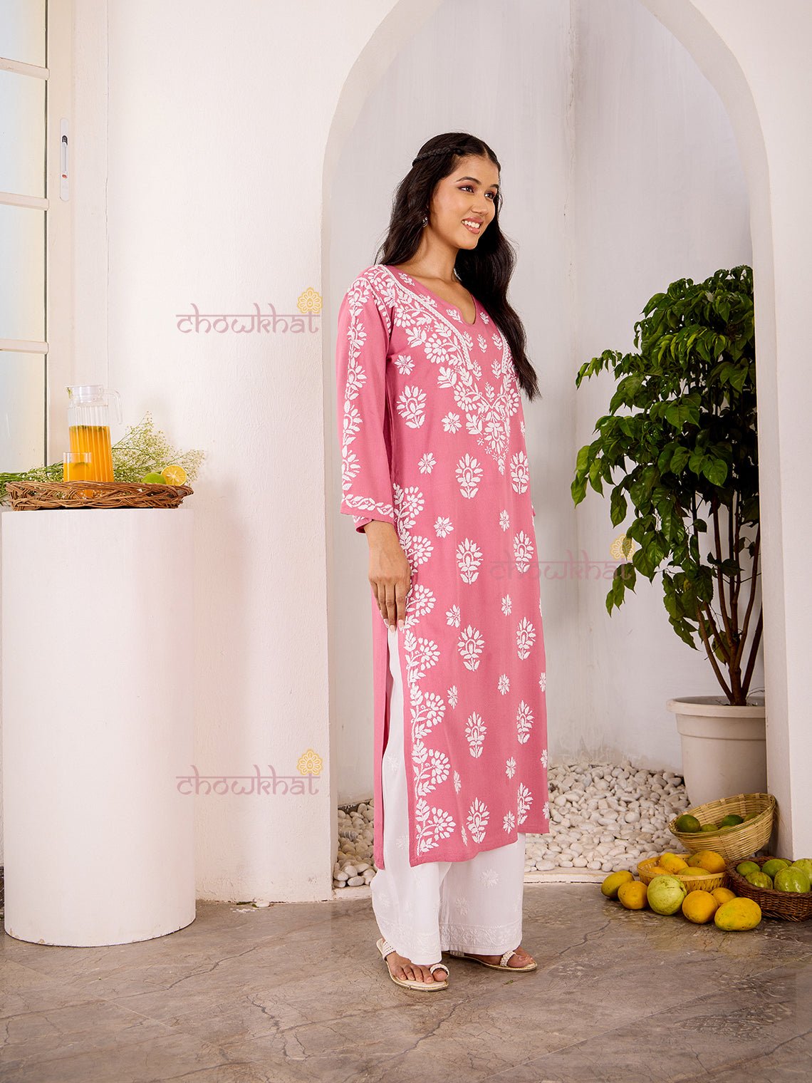 Navya Rayon Straight Chikankari Kurti with Lace - Chowkhat Lifestyle