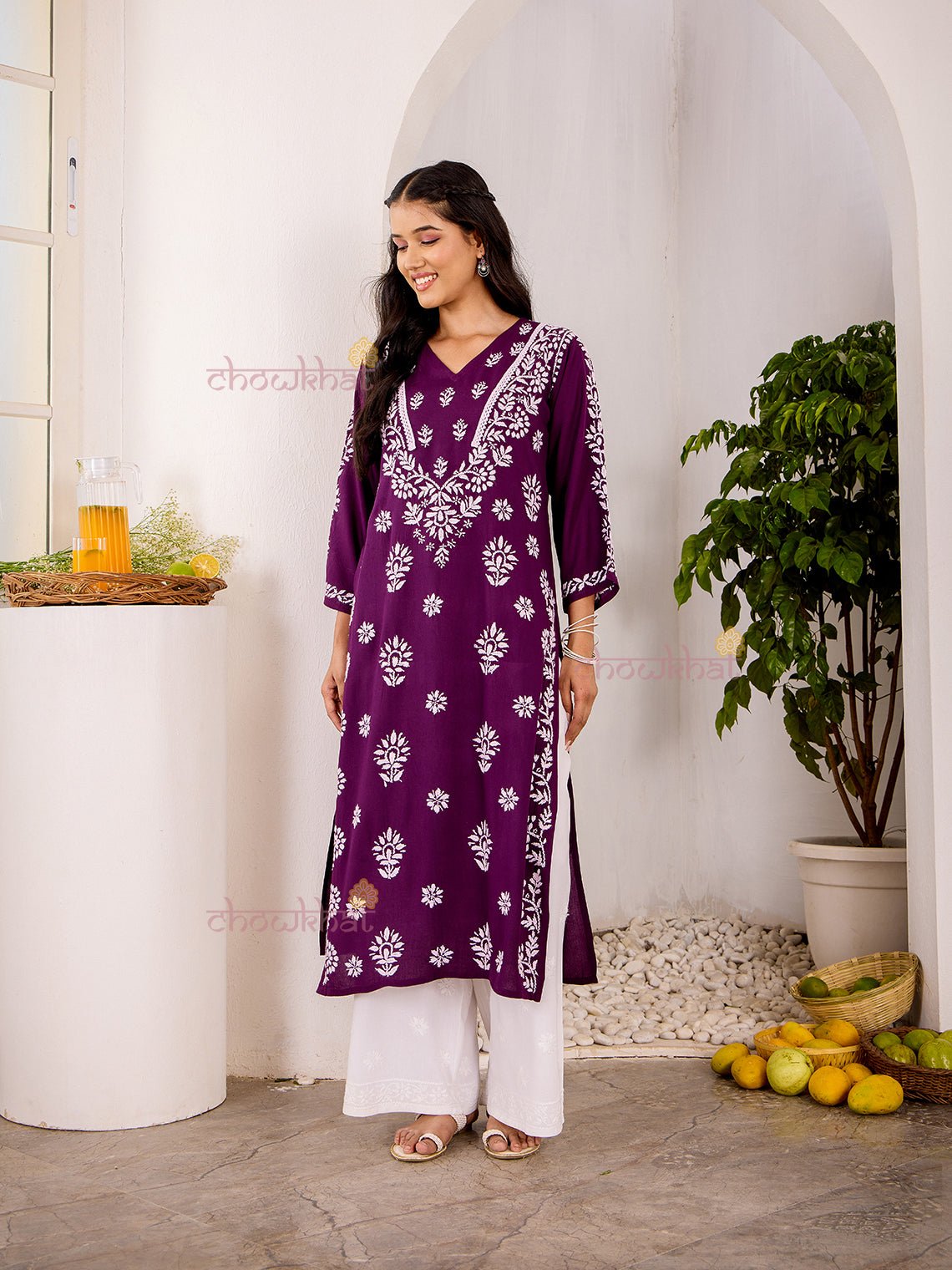 Navya Rayon Straight Chikankari Kurti with Lace - Chowkhat Lifestyle
