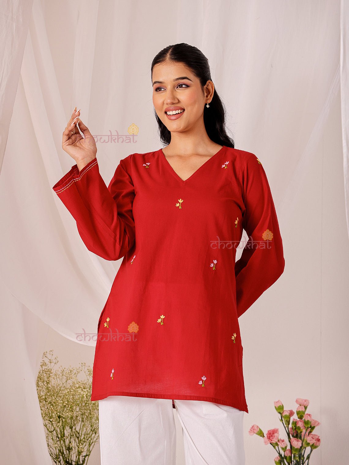 Kumkum Hand Embroidered Short Cotton Kurti - Chowkhat Lifestyle