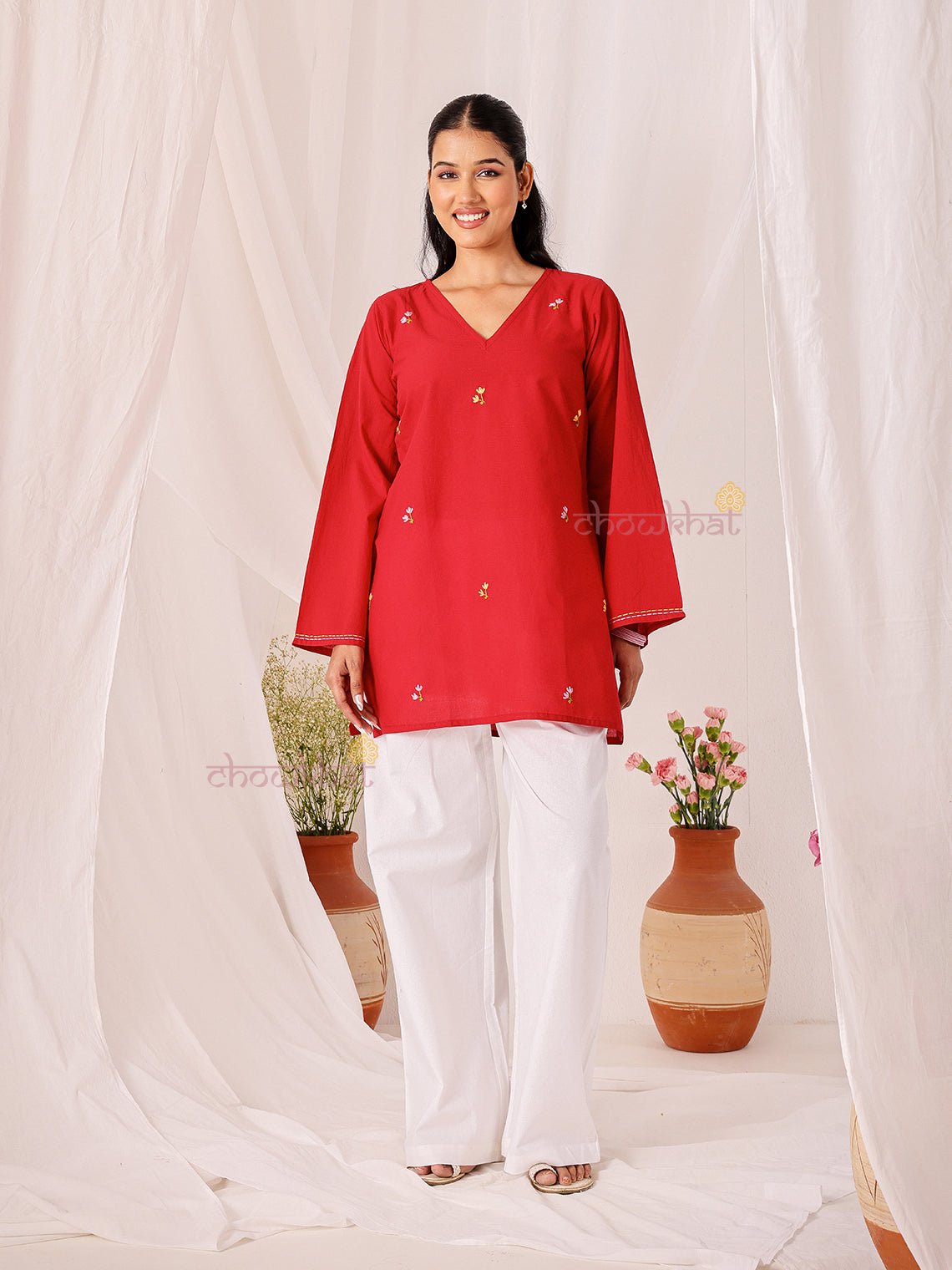 Kumkum Hand Embroidered Short Cotton Kurti - Chowkhat Lifestyle