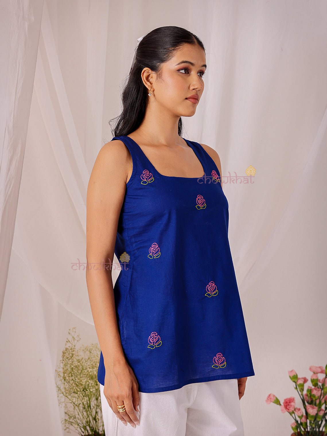 Juhi Hand Embroidered Deep Back Short Cotton Kurti - Chowkhat Lifestyle