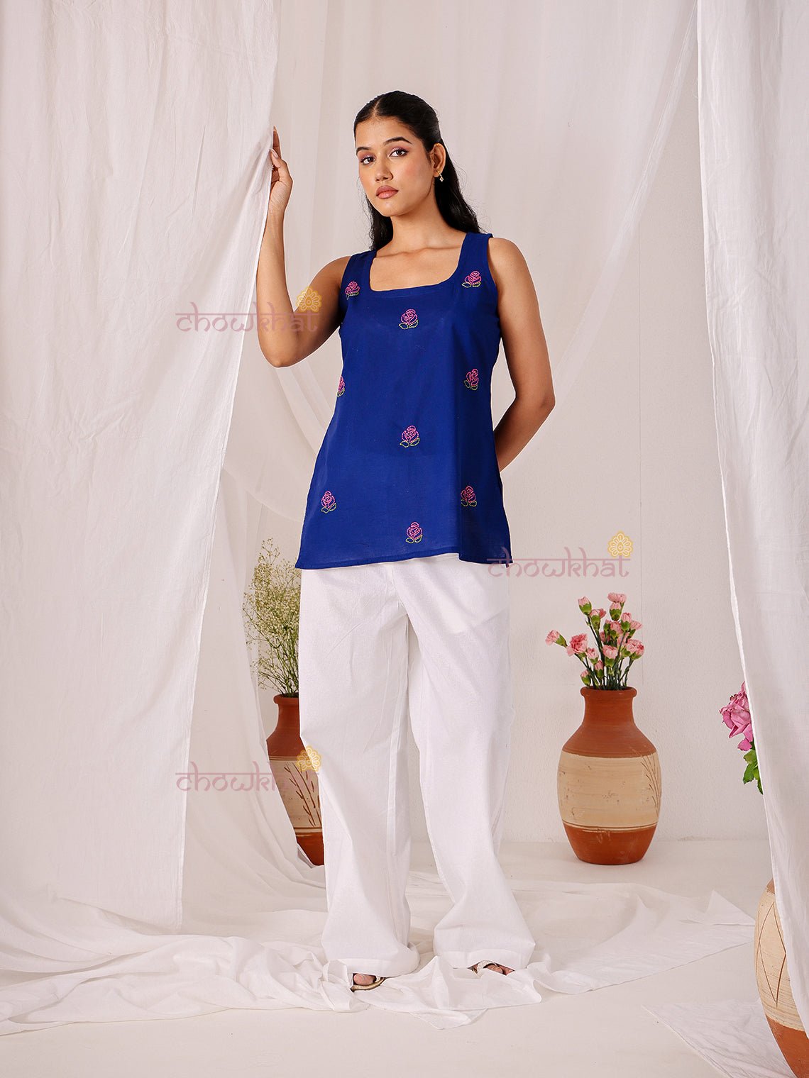Juhi Hand Embroidered Deep Back Short Cotton Kurti - Chowkhat Lifestyle