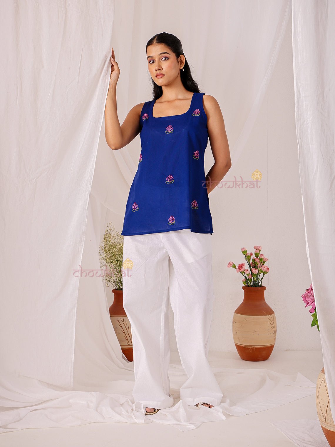 Juhi Hand Embroidered Deep Back Short Cotton Kurti - Chowkhat Lifestyle