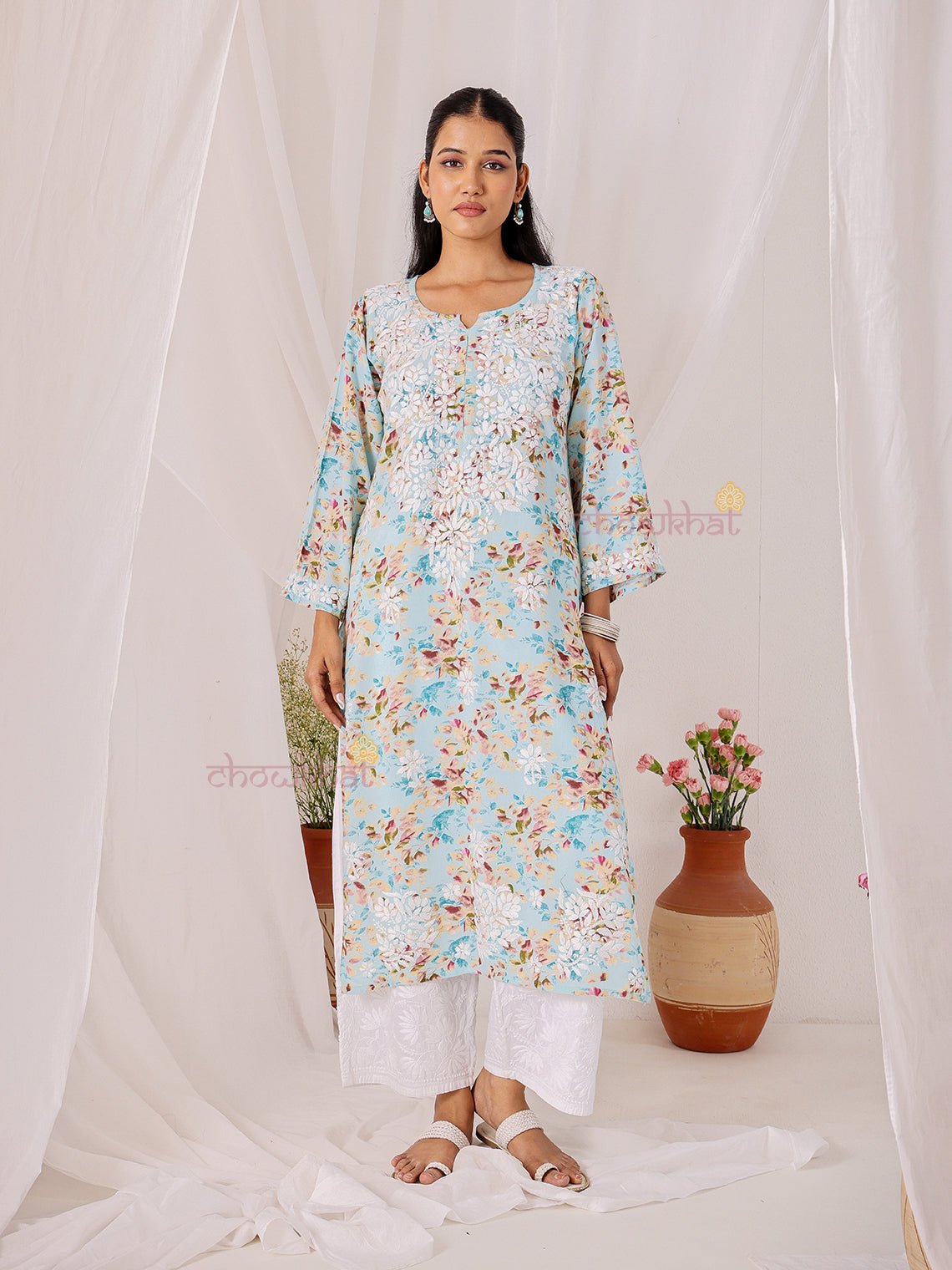 Ishani Rayon Printed Straight Chikankari Kurti - Chowkhat Lifestyle