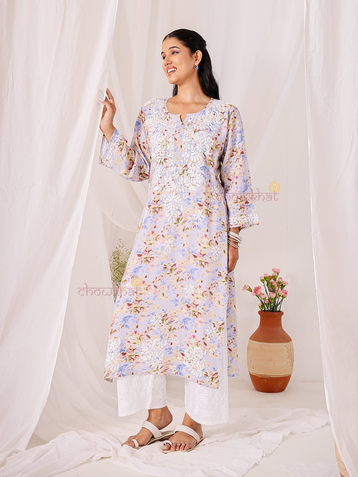 Ishani Rayon Printed Straight Chikankari Kurti - Chowkhat Lifestyle