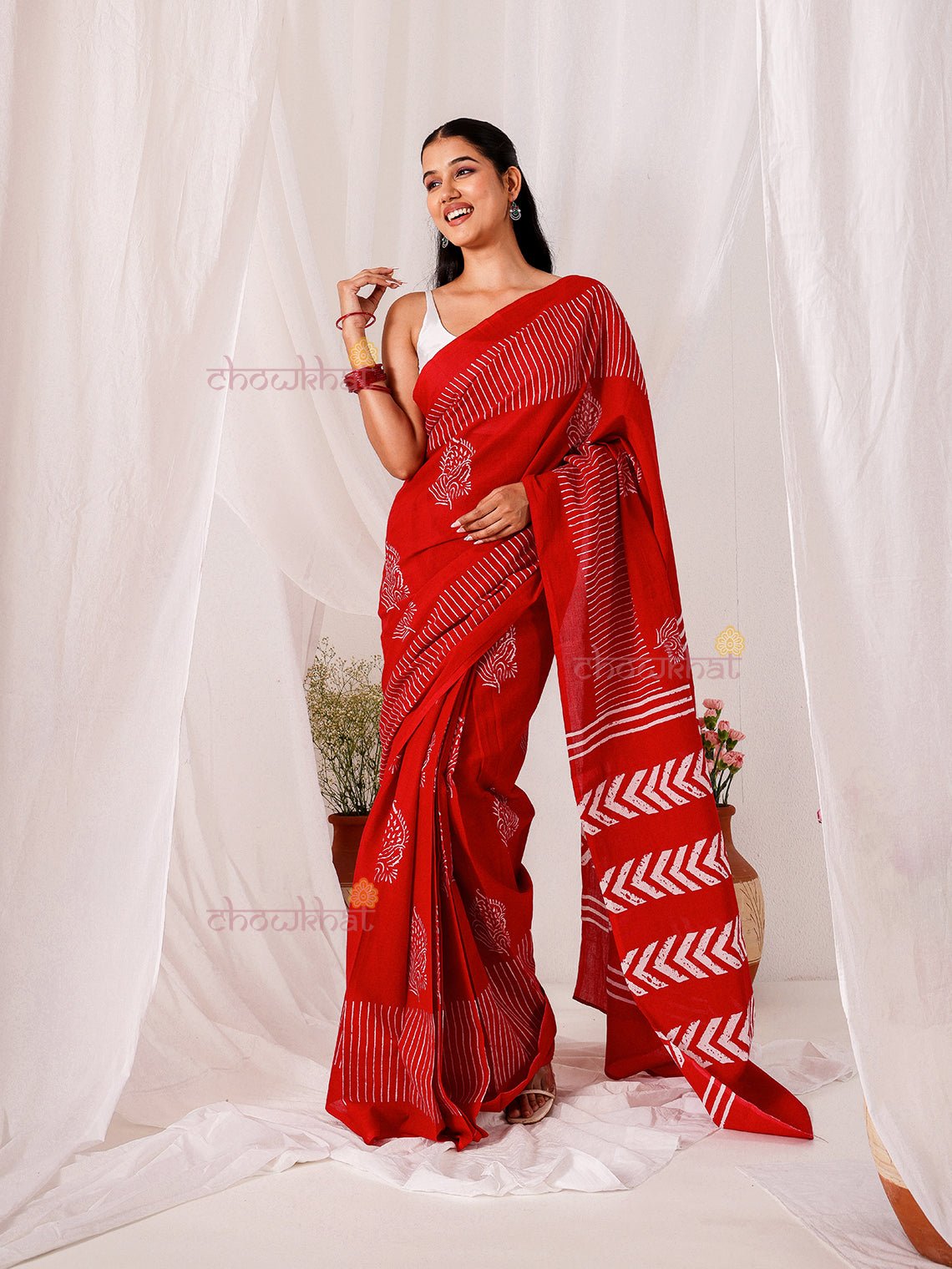 Bela Pre - Draped Hand Printed Mul Cotton Saree - Chowkhat Lifestyle