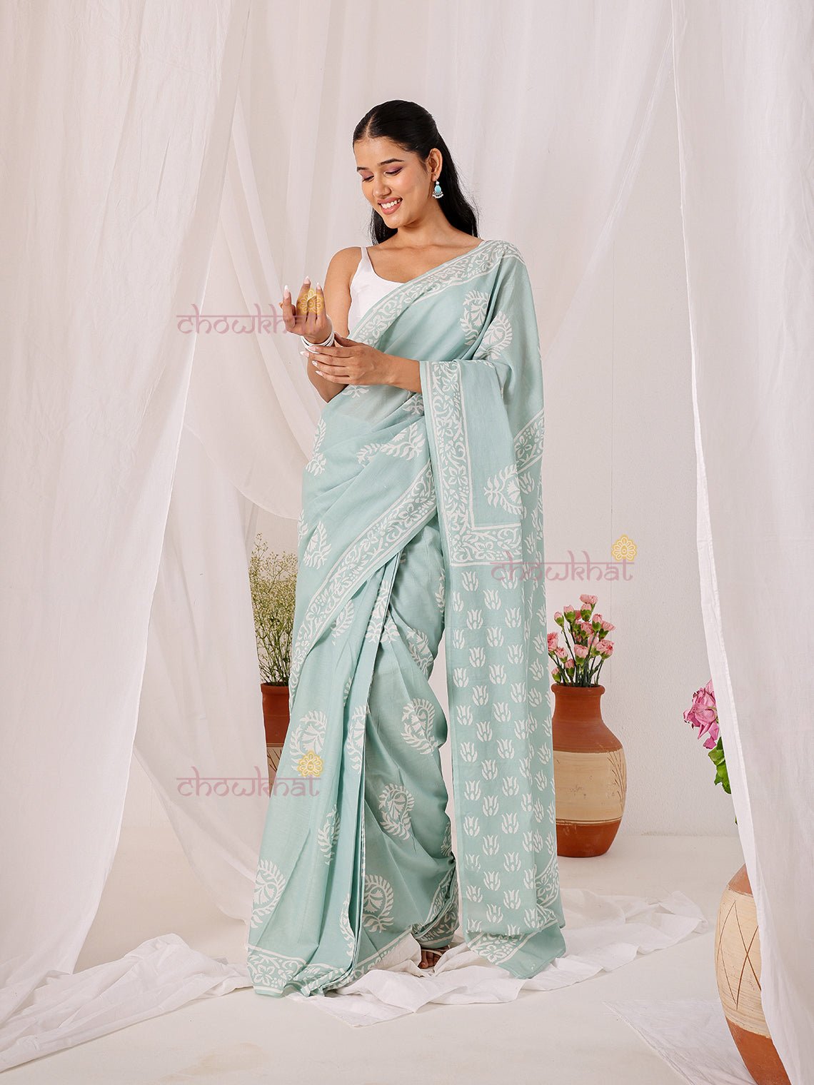 Naaz Pre - Draped Hand Block Mul Cotton Saree - Chowkhat Lifestyle