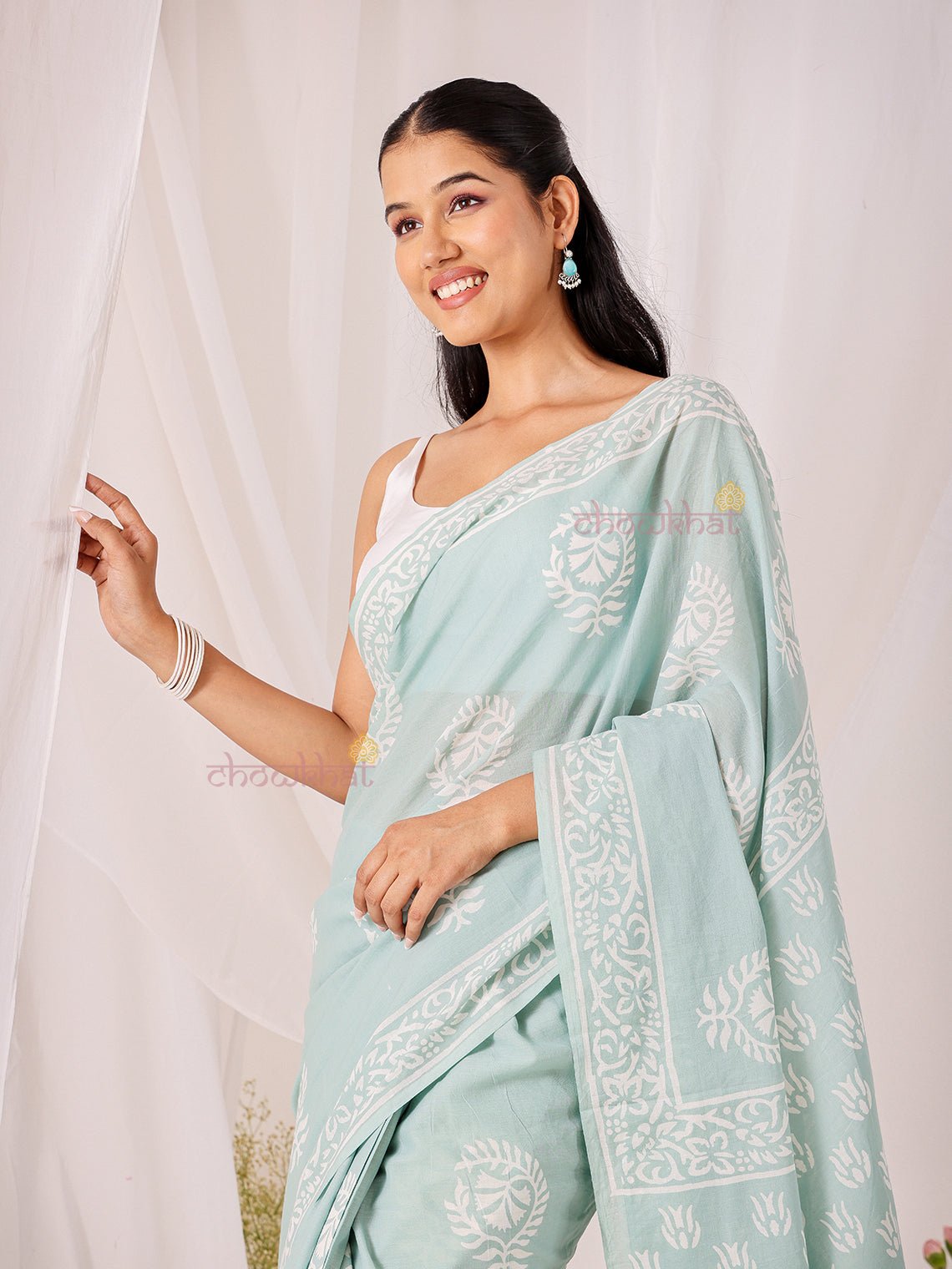 Naaz Pre - Draped Hand Block Mul Cotton Saree - Chowkhat Lifestyle