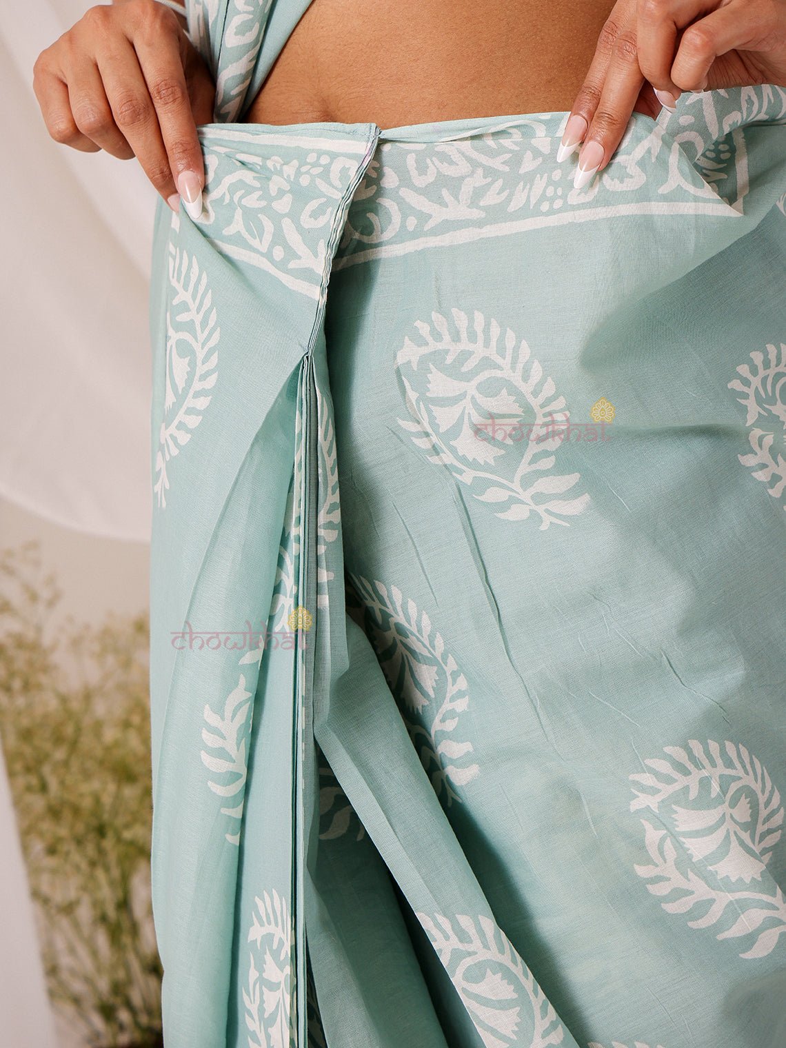 Naaz Pre - Draped Hand Block Mul Cotton Saree - Chowkhat Lifestyle