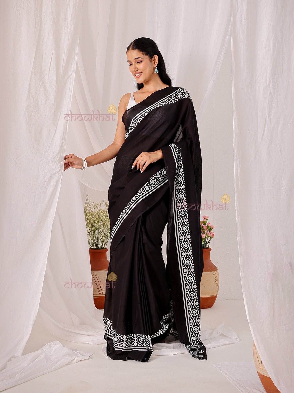 Koyal Pre - Draped Hand Printed Mul Cotton Saree - Chowkhat Lifestyle