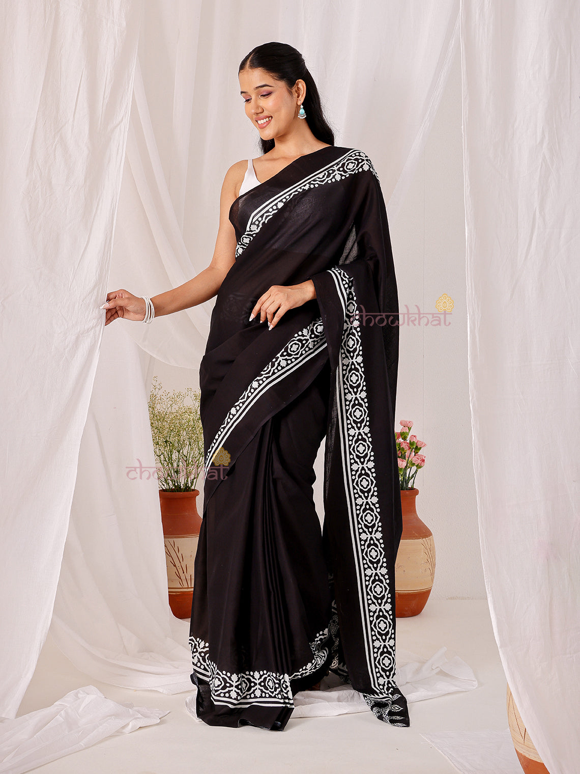 Koyal Pre- Draped Hand Printed Mul Cotton Saree