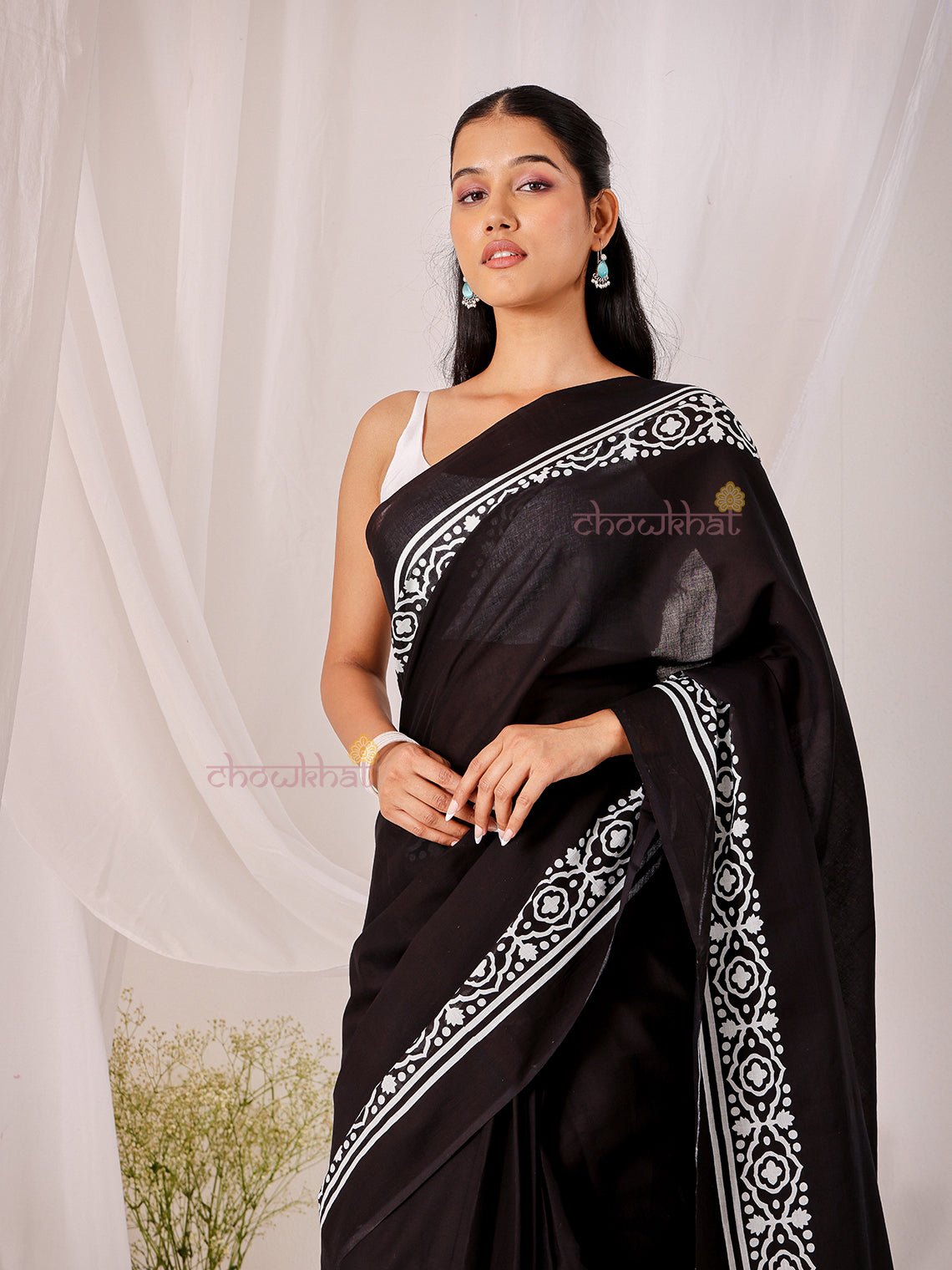 Koyal Pre - Draped Hand Printed Mul Cotton Saree - Chowkhat Lifestyle
