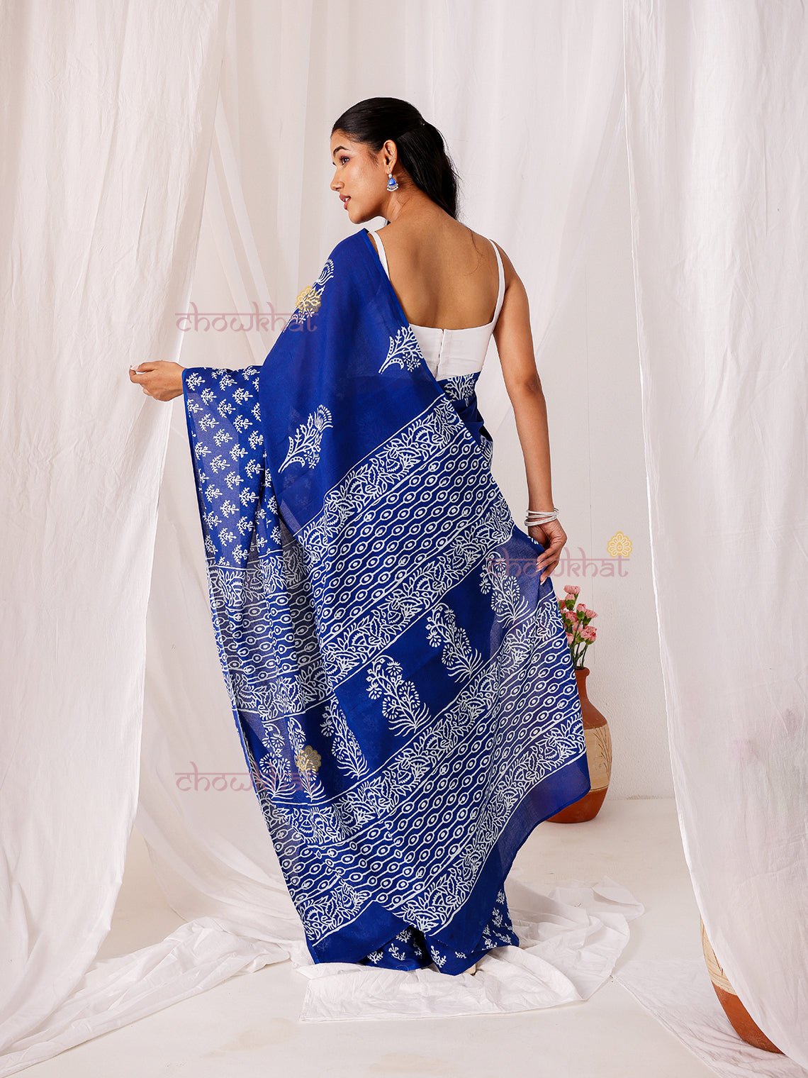 Neel Pre - Draped Hand Printed Mul Cotton Saree - Chowkhat Lifestyle