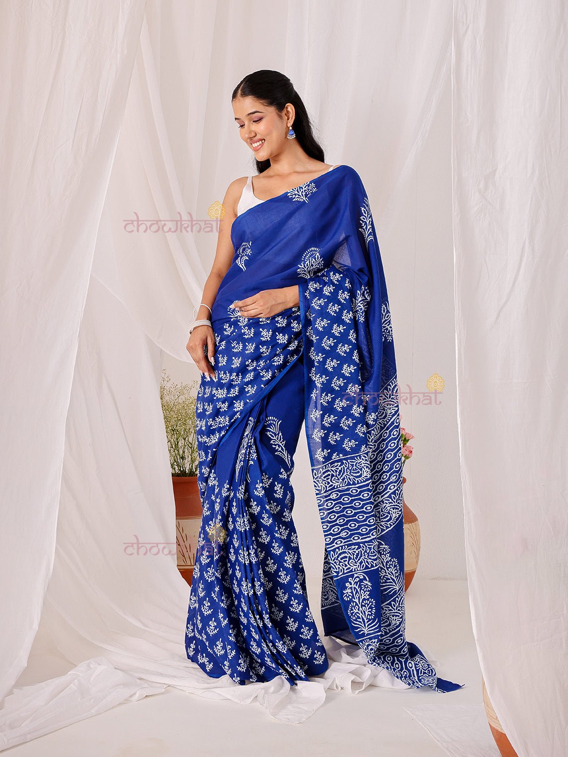 Neel Pre - Draped Hand Printed Mul Cotton Saree - Chowkhat Lifestyle
