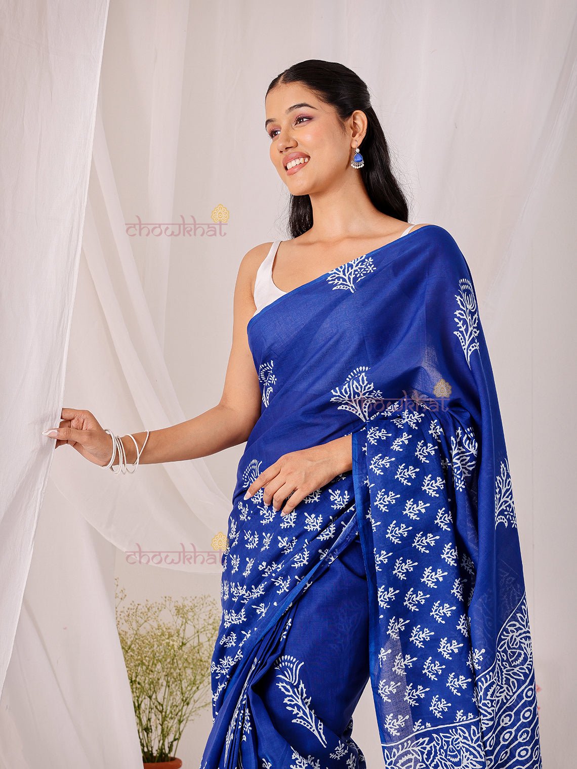 Neel Pre - Draped Hand Printed Mul Cotton Saree - Chowkhat Lifestyle