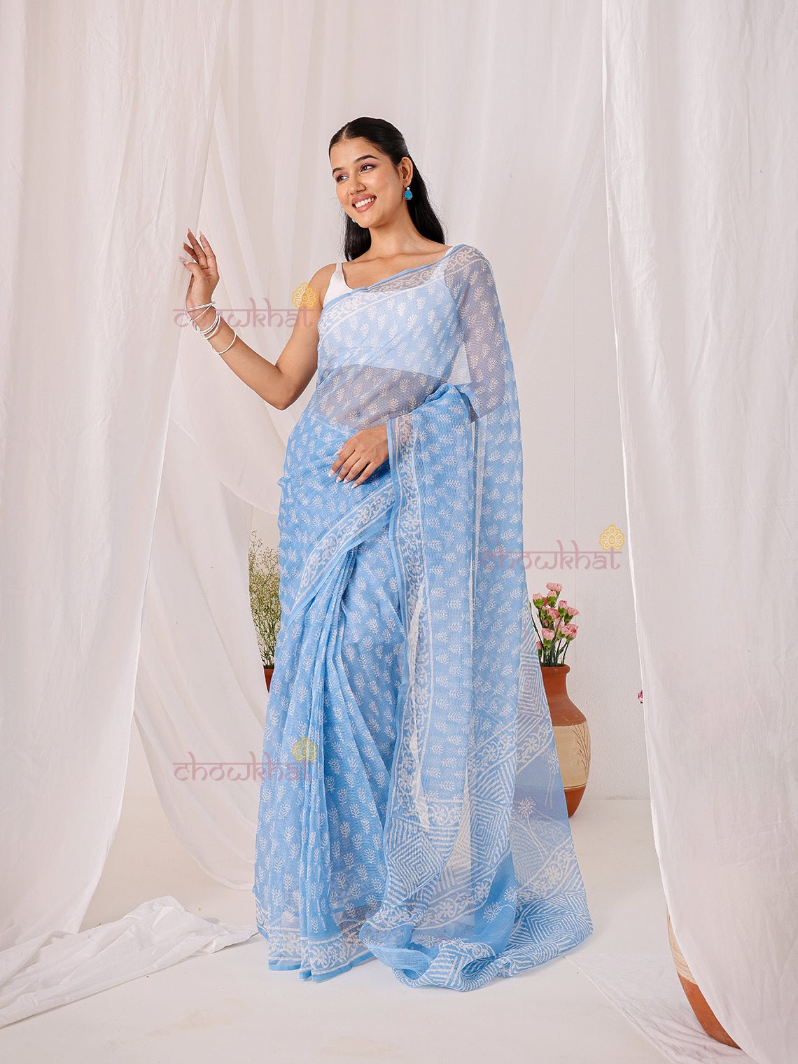 Saaya Pre - Draped Hand Block Kota Doria Saree - Chowkhat Lifestyle