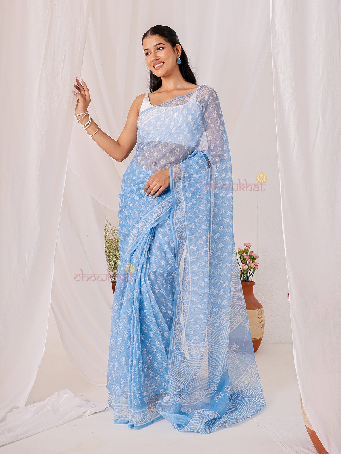 Saaya Pre - Draped Hand Block Kota Doria Saree - Chowkhat Lifestyle