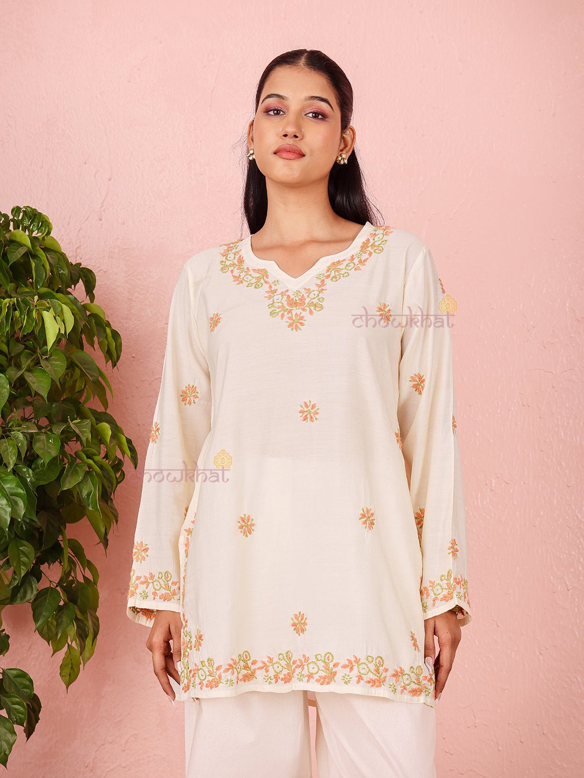 Phool Premium Chanderi Short Chikankari Kurti - Chowkhat Lifestyle