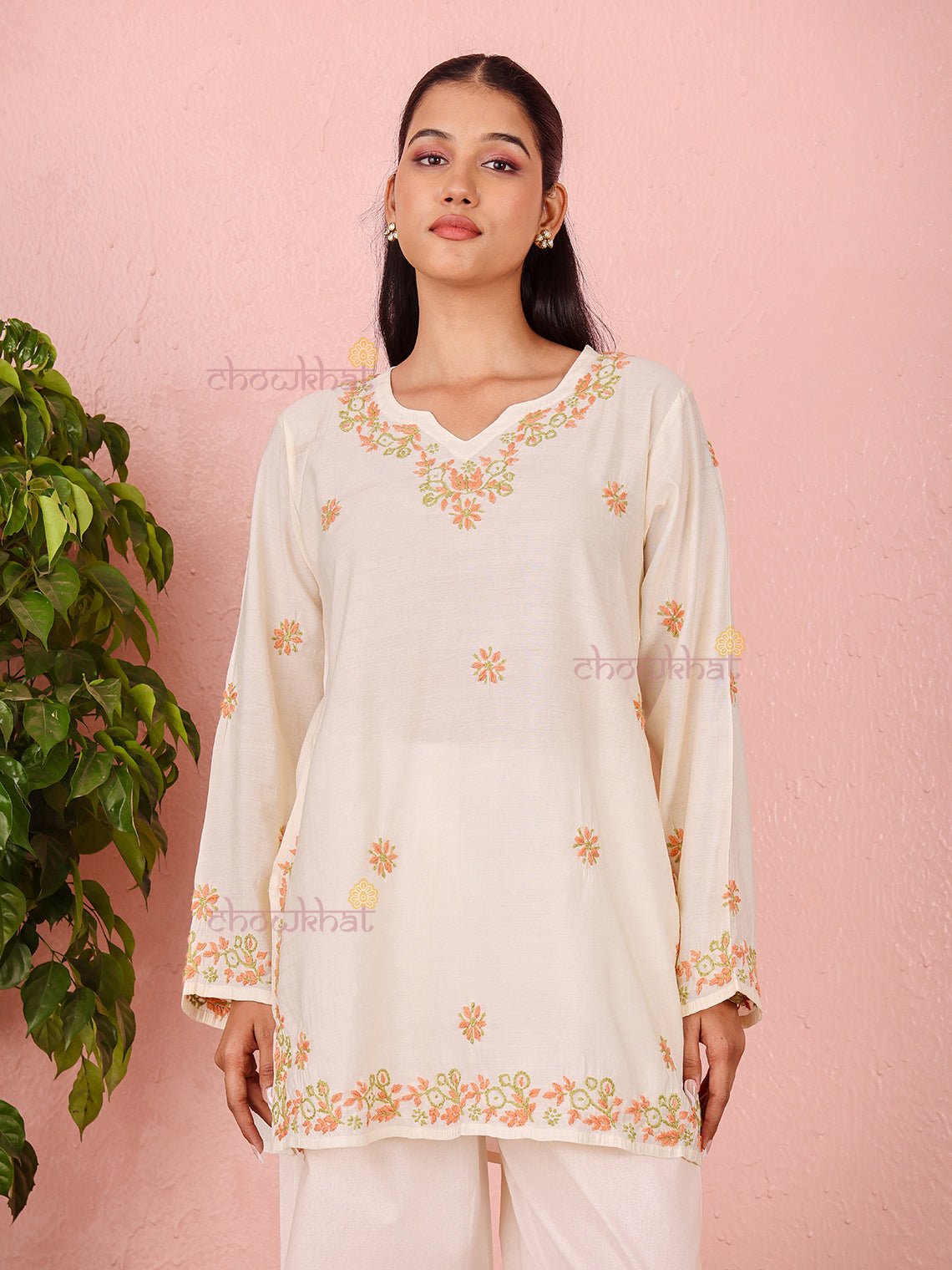 Phool Premium Chanderi Short Chikankari Kurti - Chowkhat Lifestyle