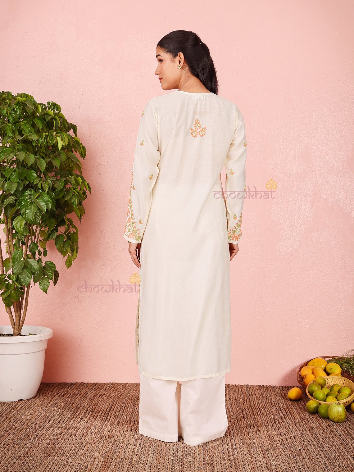 Phool Premium Chanderi Straight Chikankari Kurti - Chowkhat Lifestyle