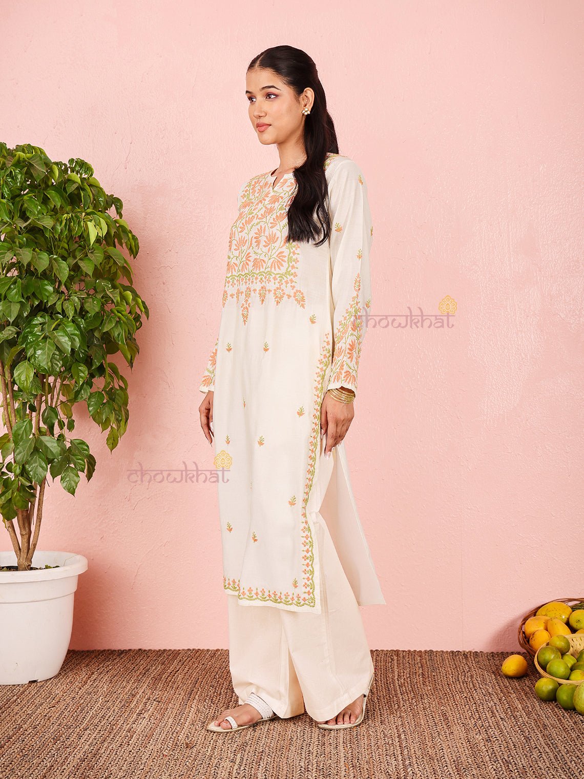 Phool Premium Chanderi Straight Chikankari Kurti - Chowkhat Lifestyle