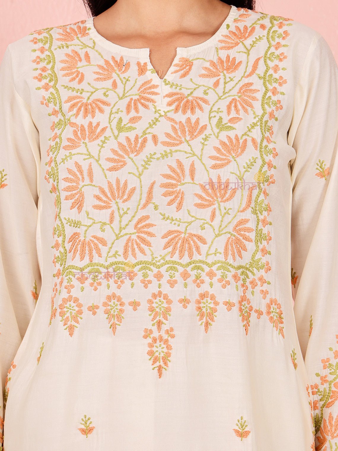 Phool Premium Chanderi Straight Chikankari Kurti - Chowkhat Lifestyle