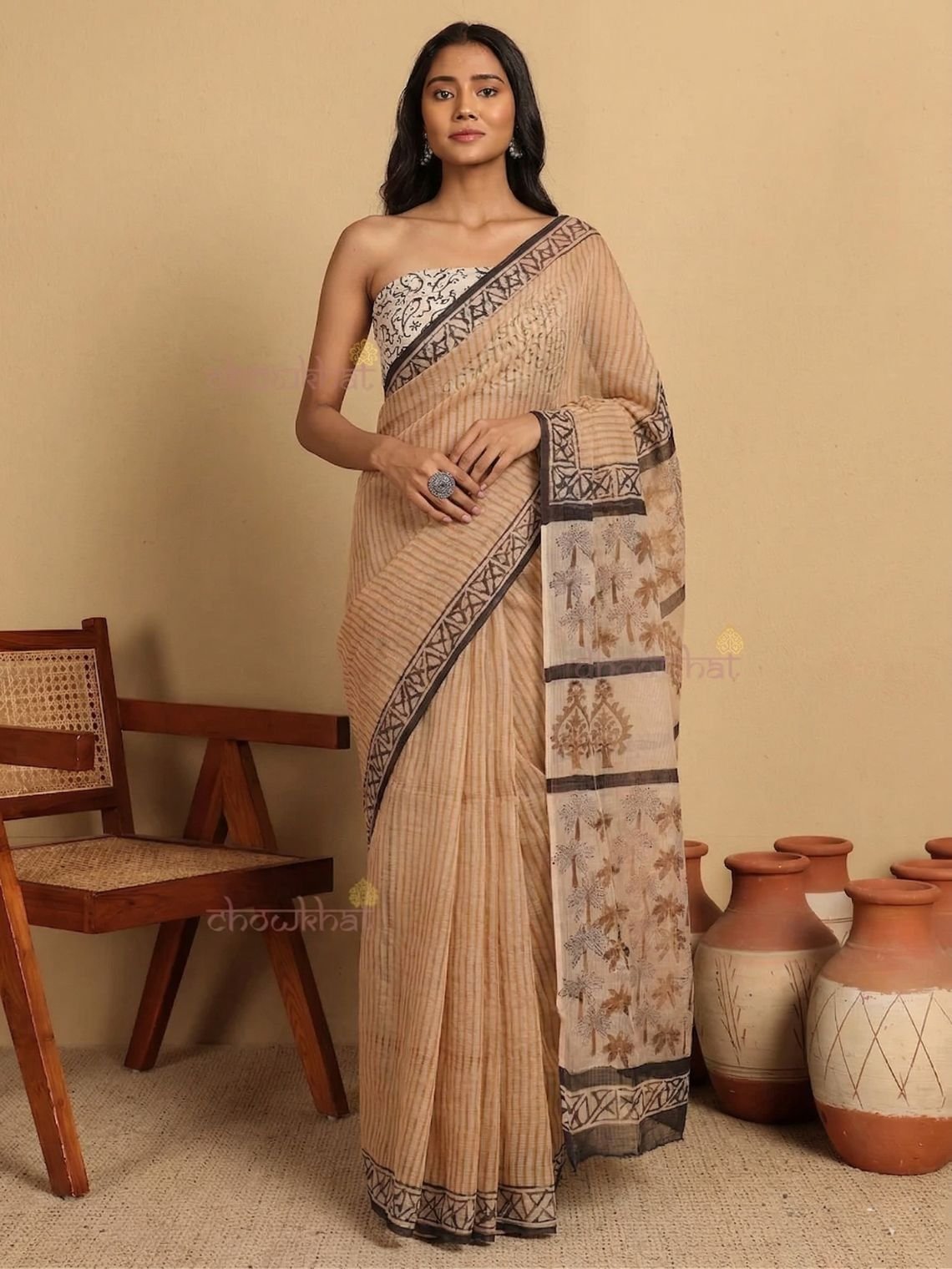 Payal Pre - Draped Hand Block Kota Doria Saree - Chowkhat Lifestyle