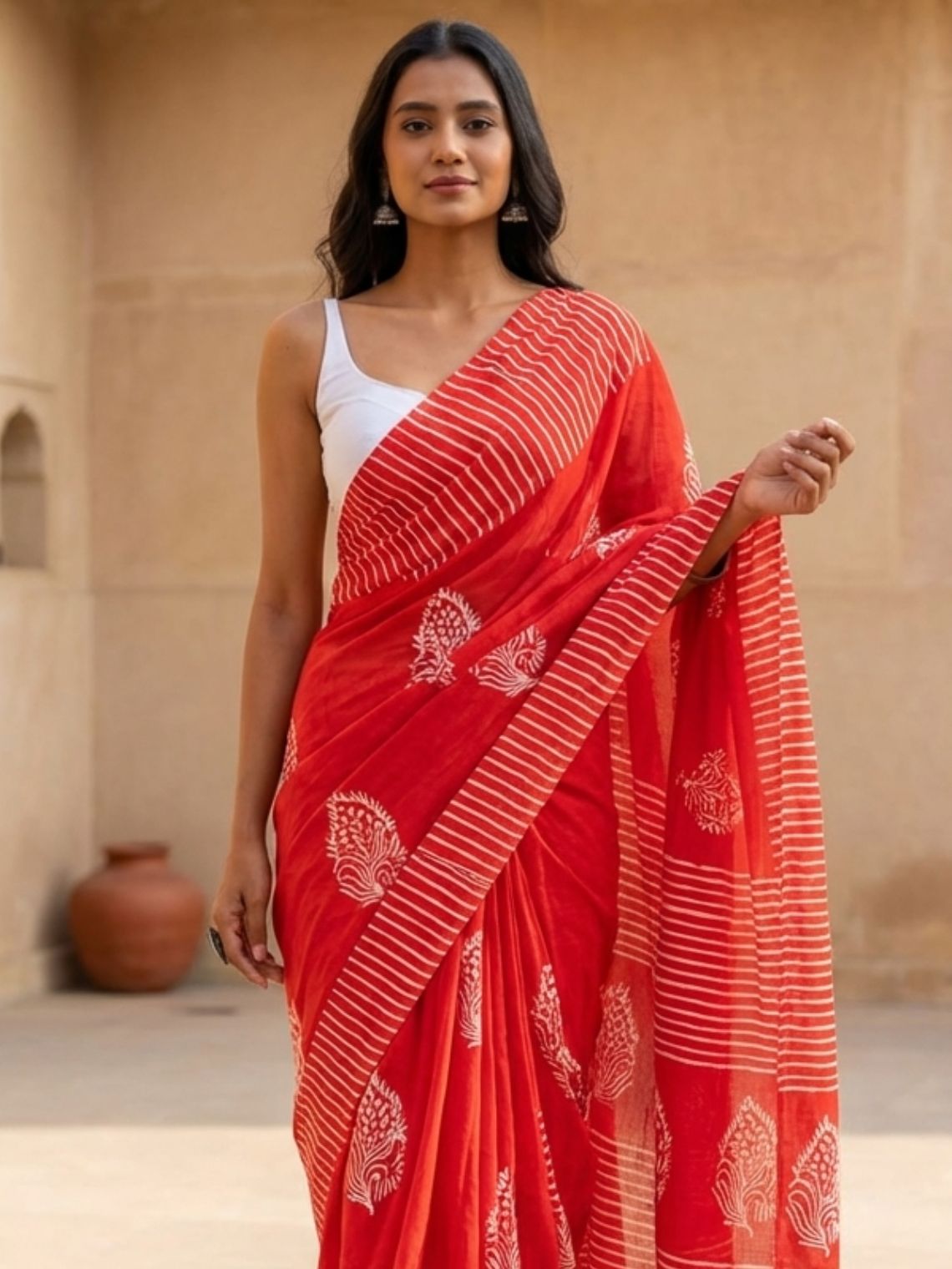 Bela Pre - Draped Hand Printed Mul Cotton Saree - Chowkhat Lifestyle