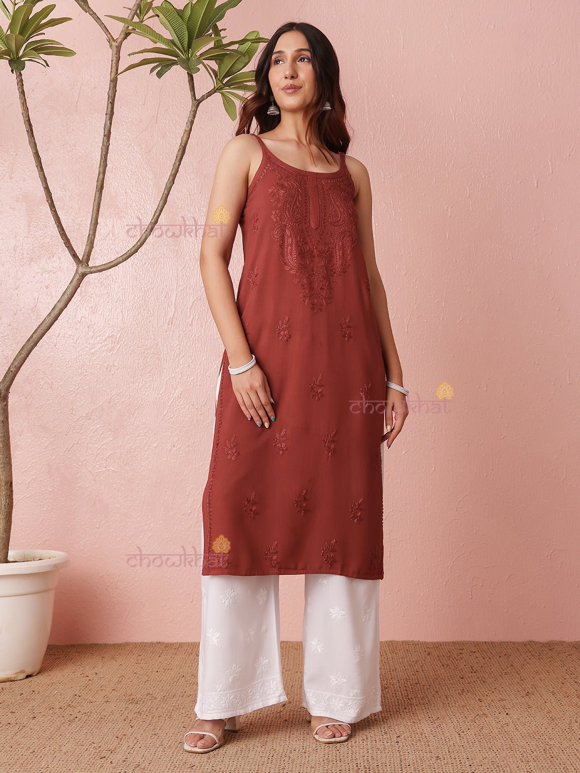 Ryma Straight Long Rayon Chikankari Kurti - Chowkhat Lifestyle