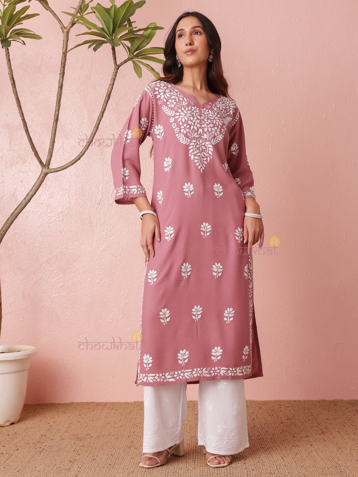 Ria Rayon Straight Long Chikankari Kurti - Chowkhat Lifestyle