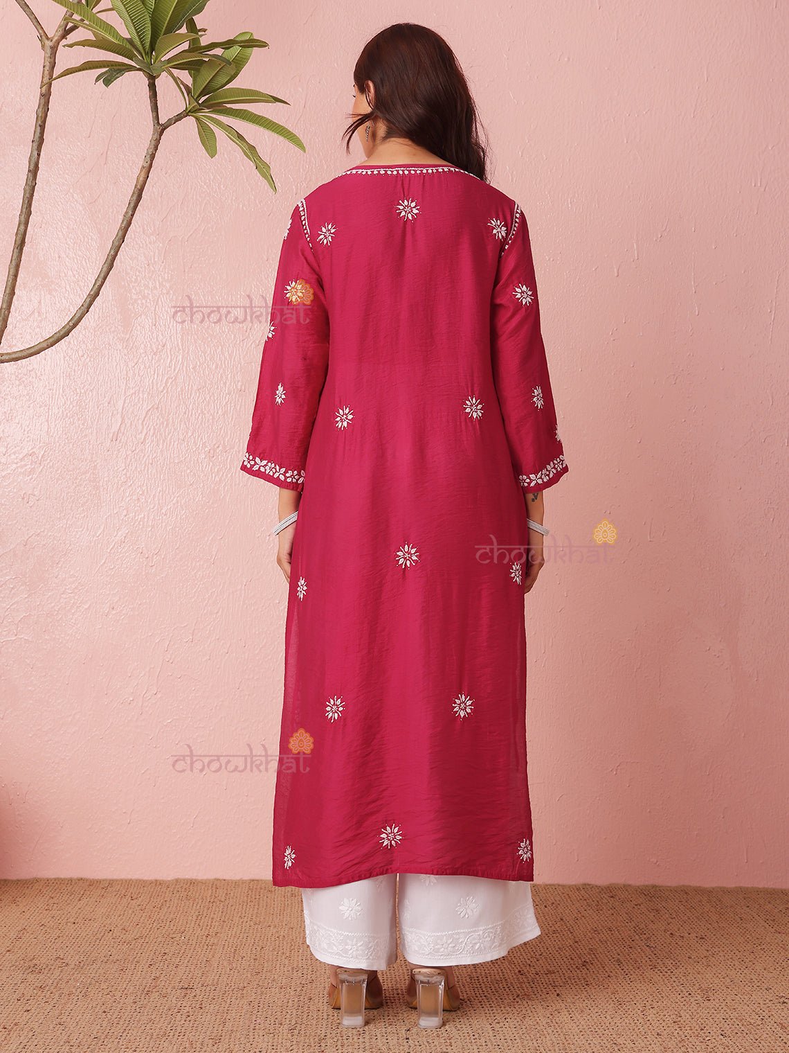 Laya Straight Chanderi Chikankari Kurti with Mukaish Work - Chowkhat Lifestyle