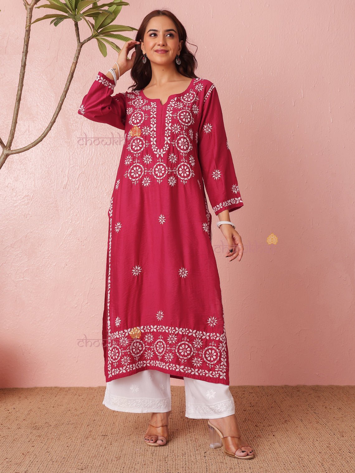 Laya Straight Chanderi Chikankari Kurti with Mukaish Work - Chowkhat Lifestyle