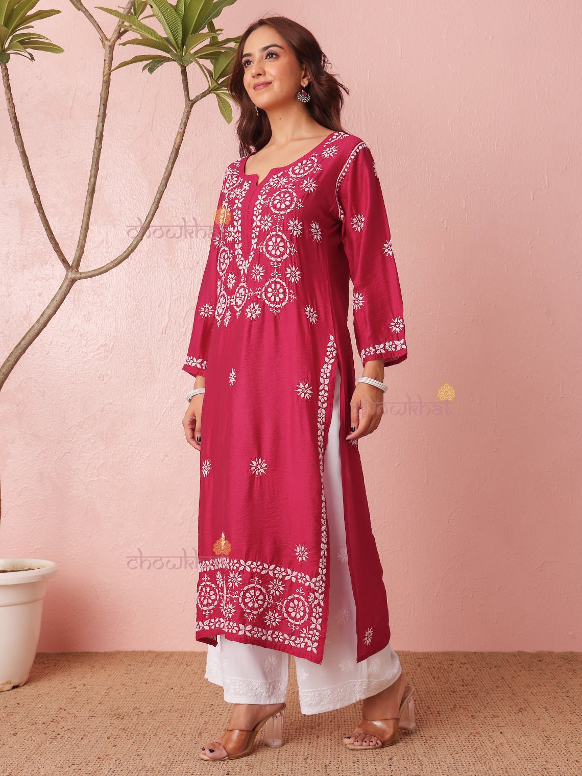 Laya Straight Chanderi Chikankari Kurti with Mukaish Work - Chowkhat Lifestyle