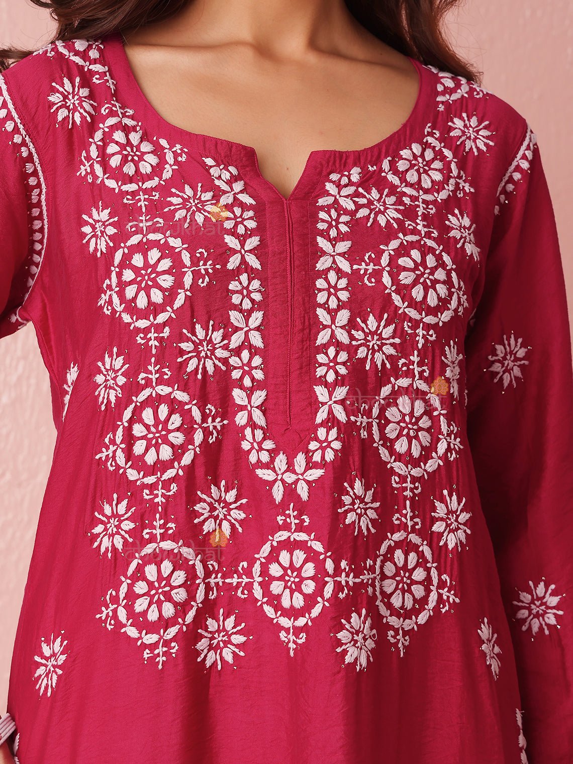 Laya Straight Chanderi Chikankari Kurti with Mukaish Work - Chowkhat Lifestyle