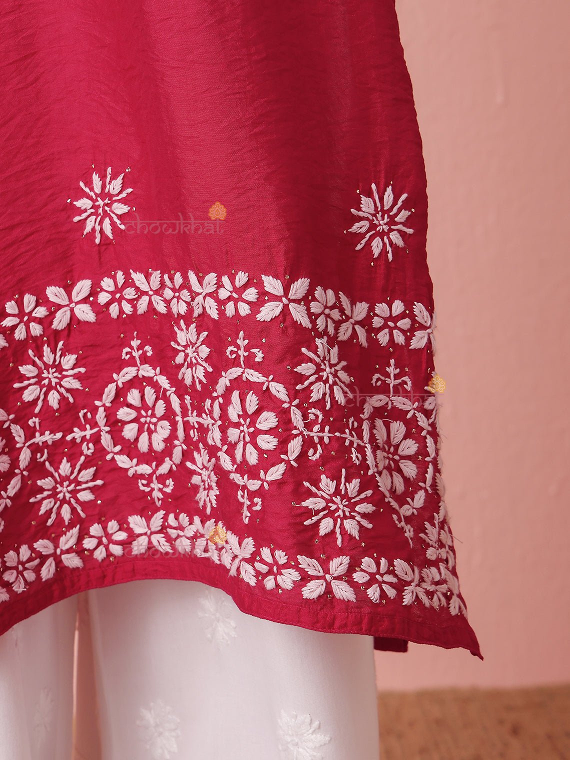 Laya Straight Chanderi Chikankari Kurti with Mukaish Work - Chowkhat Lifestyle
