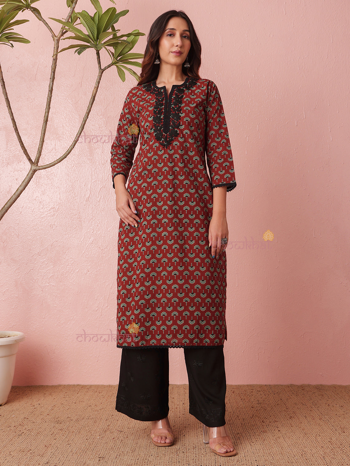 Reet Cotton Straight Hand Embroidered Chikankari Kurti with Lace Detailing
