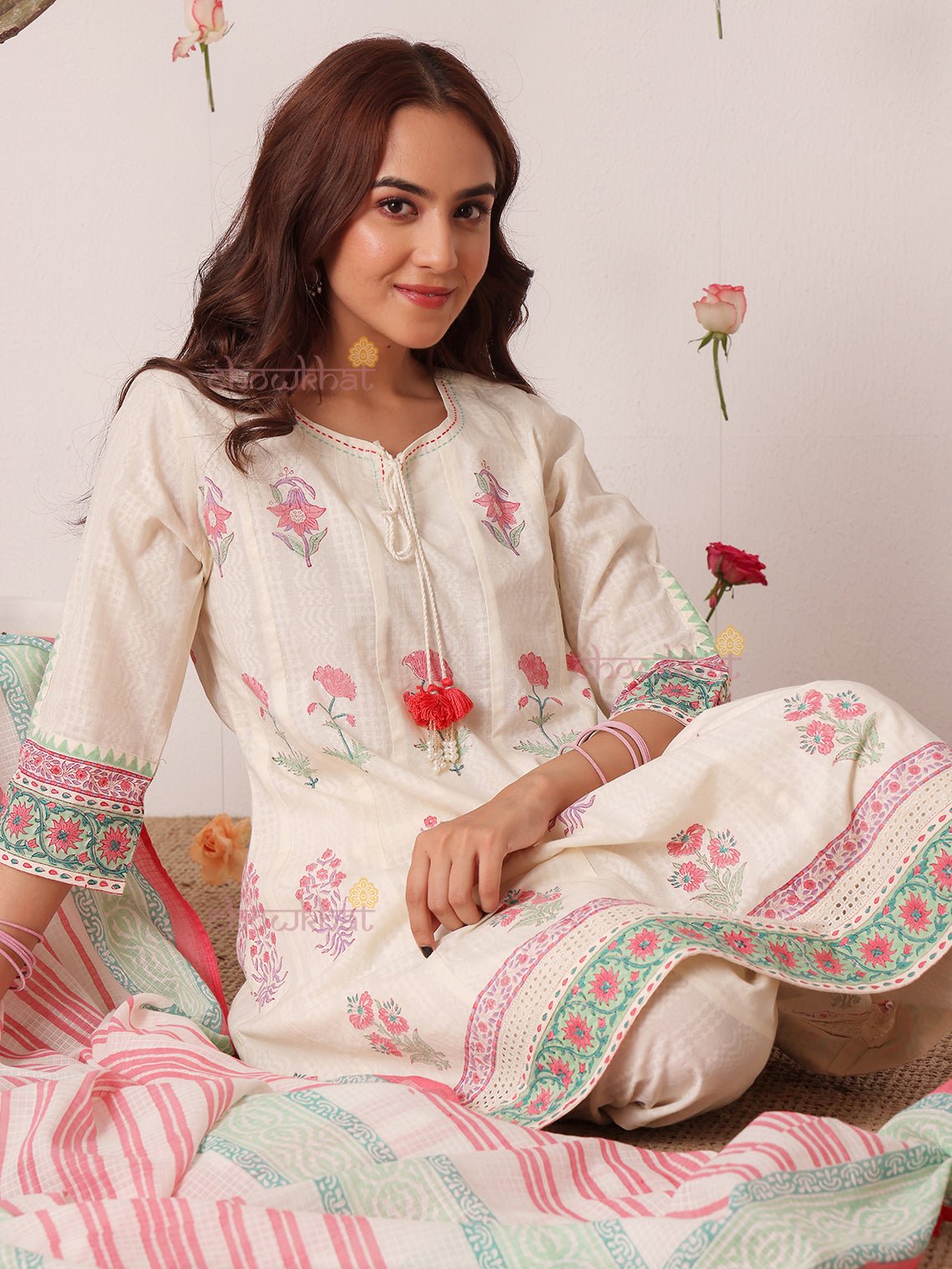Bagh Hand Block 3 Piece Stitched Suit Set with Kota Doria Dupatta - Chowkhat Lifestyle