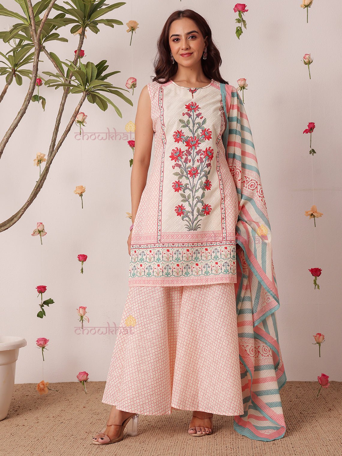 Bagh Hand Block 3 Piece Short Straight Stitched Suit Set with Kota Doria Dupatta - Chowkhat Lifestyle