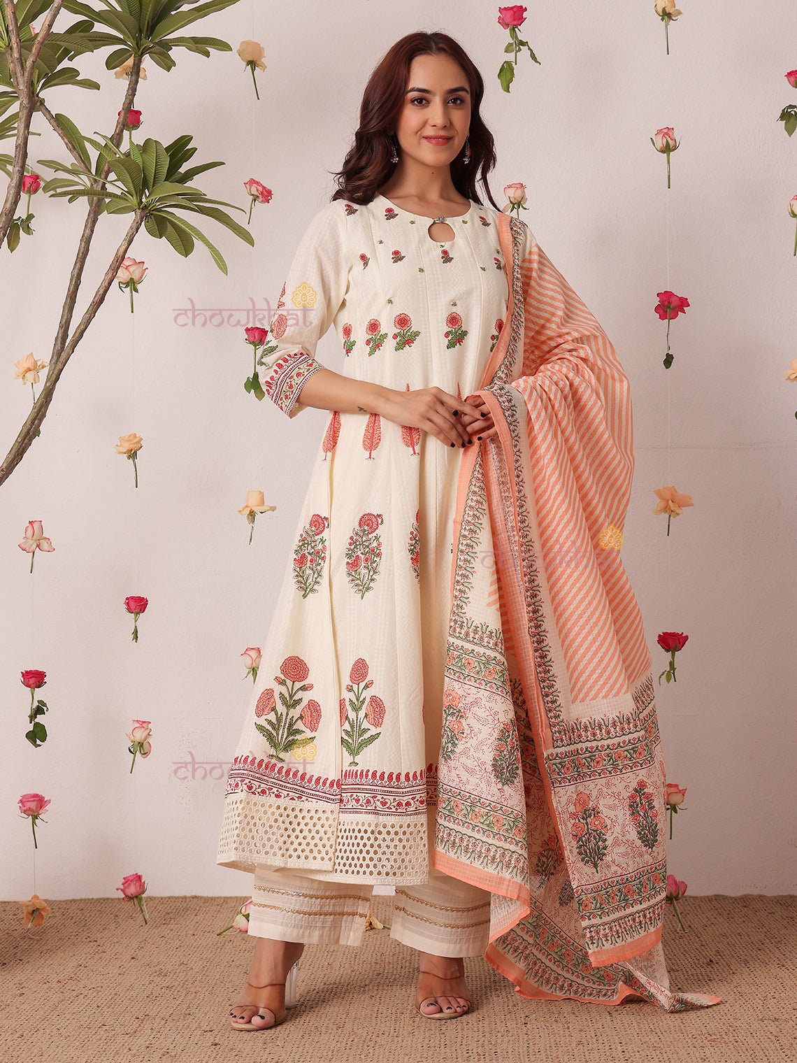 Bagh Hand Block 3 Piece Anarkali Stitched Suit Set with Handwork - Chowkhat Lifestyle