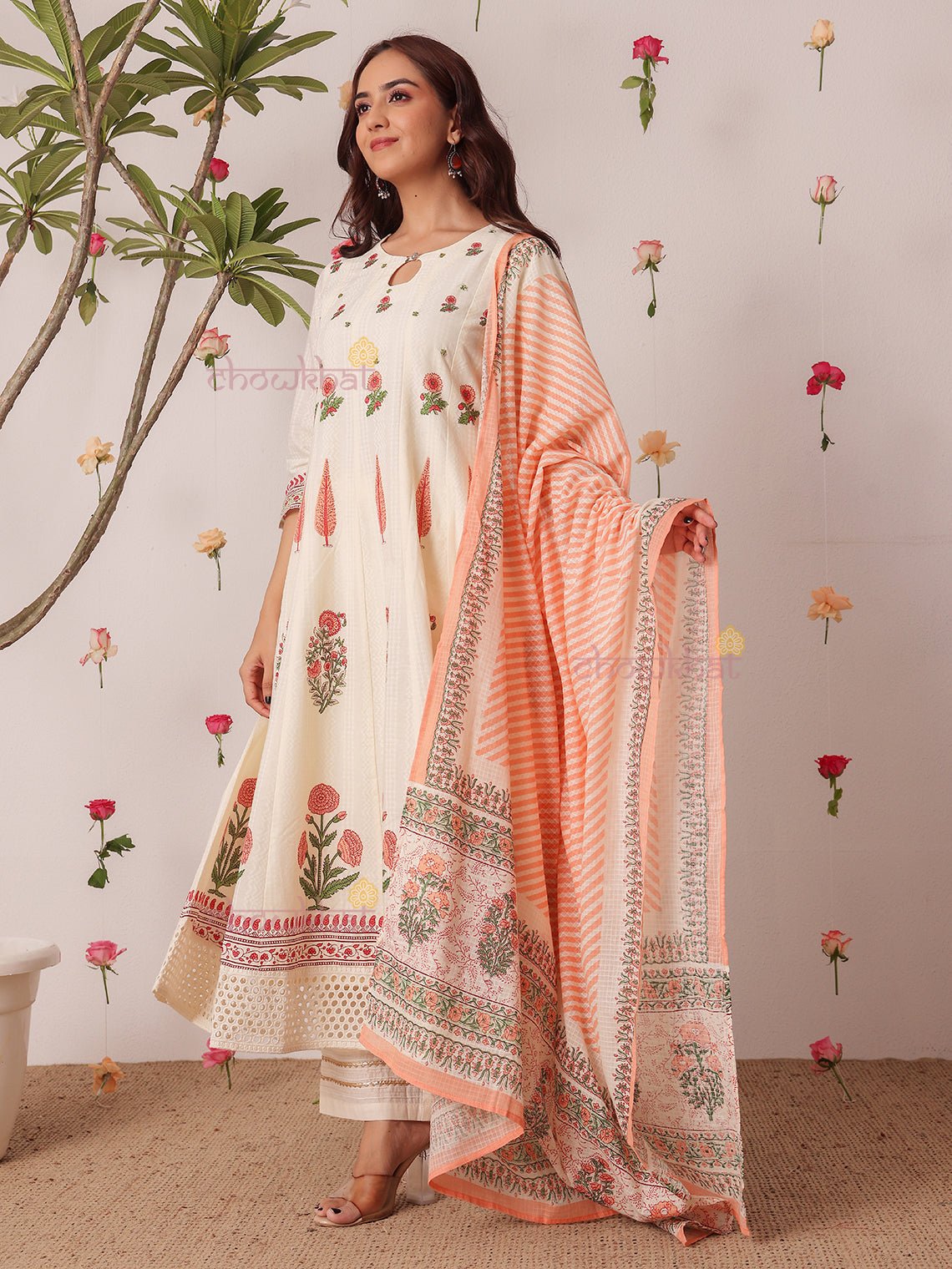 Bagh Hand Block 3 Piece Anarkali Stitched Suit Set with Handwork - Chowkhat Lifestyle